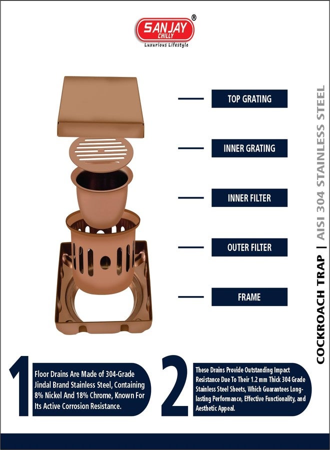 Sanjay Chilly Marble Drain Colour Collection Cockroach Trap Insert 21mm Tile for Bathroom Gratings 304 Grade Stainless Steel Floor Waste Water Drainer Strainer in Washroom Sink (6 x 6 INCH Rose Gold) - Image 4